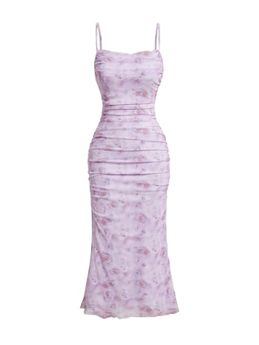 Image of Women's Floral Ruched Bodycon Midi Dress Sleeveless Mesh Fishtail Slip Dresses