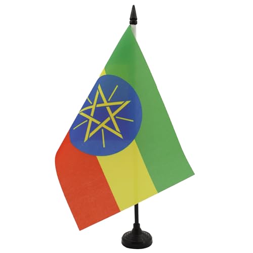 AZ FLAG - Drapeau De Table Ethiopie 21x14 cm - Petit Drapeau Ethiopien De Bureau 100% Polyester Avec Hampe De 25cm Et Socle En Plastique Noir