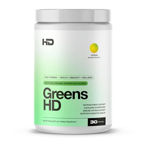 HD MUSCLE GreensHD Premium Daily Greens | Organic Superfood Blends | for Immune Support & Digestion | with Spirulina, Chlorella, & Adaptogenic Herbs | 30 Servings (Citrus)