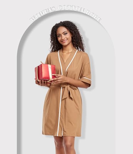 Image of ANLIQI Womens 100% Cotton Robes Lightweight Summer Short Sleeve Lady Bathrobe Knee Length Kimono Robe Sleepwear with Pockets