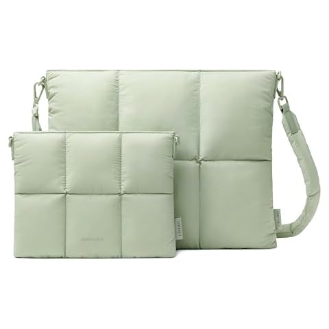 Comfyable Puffy Laptop Sleeve 13 Inch 14 Inch, Quilted Puffer Pillow Case with Strap Compatible for MacBook Air 13”, MacBook Pro 13 Inch 14 Inch, Sleeve & Organizer Bundle, Sage Cover