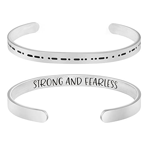 Inspirational Bracelet for Women Morse Code Jewelry Gifts Strong and Fearless Best Friends Sister Daughter Encouragement Mantra Cuff Unique Birthday Gifts for Her