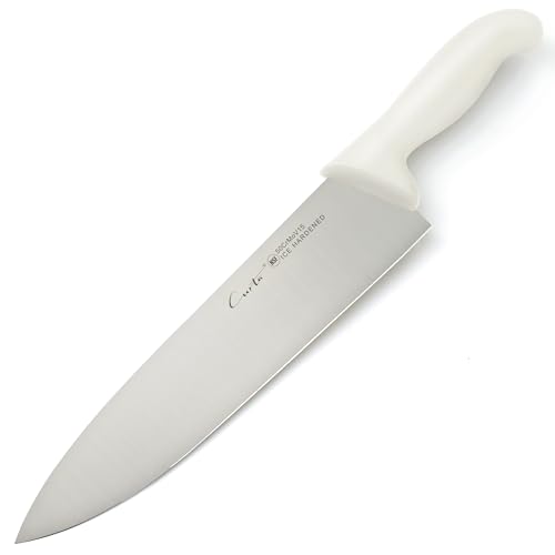CURTA 10-inch Commercial-Grade Chef's Knife, NSF Listed, Ergonomic, Non-slip White Handle, High Carbon 420 Stainless Steel Forged Blade Straight Edge, Dishwasher Safe, Rust Proof