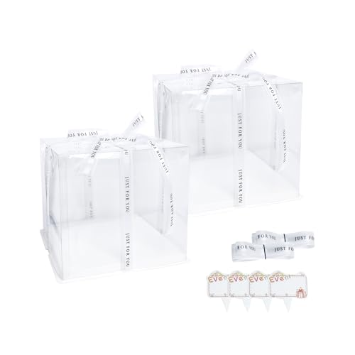 Vebetter 2 Stück Tortenbox Tortenschachtel Tortenkarton 24 * 24 * 16 cm Cake Box Transparent Torten Transportboxen Geschenkbox Durchsichtig mit Weiß Sockel Band kleine Karte für Geburtstag Dessert.