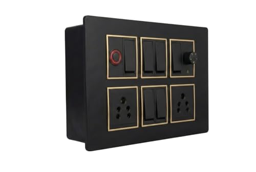 Image of Wall Board with 6 Switches, 1 Fan Regulator, 2 x 5A Sockets and 1 Indicator, Black with Gold Trim, 8x6x2 Inch
