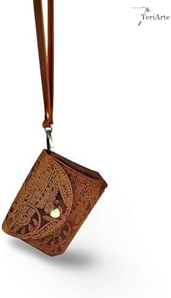 TeriArte Hakiki Deri Kadın Cüzdan, Gerçek Deri Mini Çanta, Bilek Askılı Körüklü Taşıma Çantası, Kadın Hediyelik Ürün (desenli camel) - Görsel 4