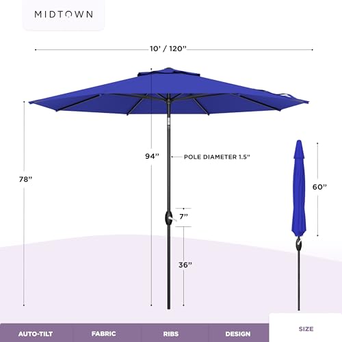 Image of Midtown Umbrellas - 10-Year-No-Fade 10 Ft Patio Umbrella with Terylast Fabric, Auto-Tilt Aluminum Frame and 8 Reinforced Ribs for Deck, Pool, Garden & Beach - Royal Blue Canopy, Black Pole