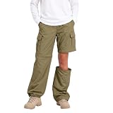 Lightweight Cargo Pants for Girls Kid Convertible Water-Resistant Zip-Off Outdoor Pants with Drawstring & Pockets Green