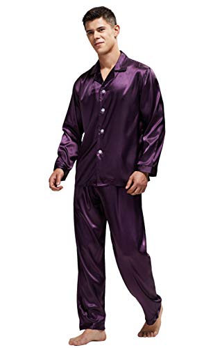 TONY & CANDICE Men's Classic Satin Pajama Set Sleepwear (Purple with Black Piping, Large) - Thumbnail 2