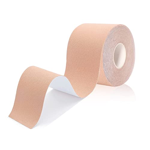 ROSVAY Cinta Adhesiva Push Up Elástica para el Pecho, Cazuelas Invisible Resistente al Agua, Cinta Transpirable de Levantamiento de Senos, para Sujetador sin Espalda, para Copa A H, 5cm x 5m (Beige)