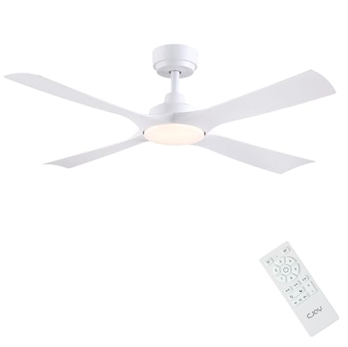 CJOY Ventilador de Techo Inclinado Blanco 122 cm, Ventilador de Techo con Luz Silencioso y Mando 4 Aspas, Reversible CC, 6 Velocidades, LED Regulable, Temporizador, Para Dormitorio/Salon