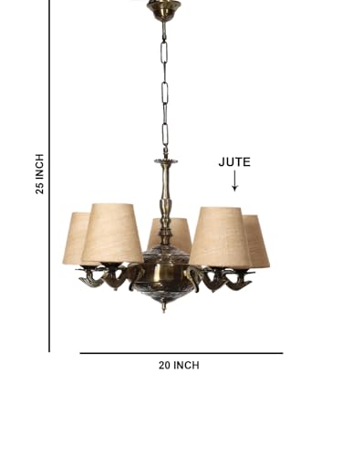 Image of Devansh 05 Lights Beige Jute conical Shade with Antique Golden Chandelier