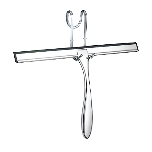 IMEEA 12.3-Inch Shower Squeegee with Hook Stainless Steel Bathroom Window Squeegee Cleaner for Shower Glass Doors Shower Walls Silicone Black Window Scraper