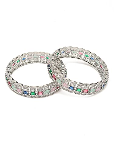 Silver Plated Color Stone Studded Bangles for Women (2.4)