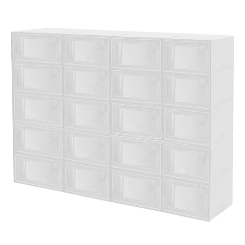 DJOAIUYF Juego de 20 cajas organizadoras para zapatos, transparentes, plegables y apilables, cajas apilables con pequeños agujeros, color blanco, 32,6 x 24 x 14 cm