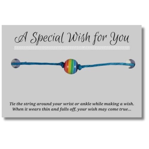 Vilda Jewellery Rainbow Bead Blue Wish Bracelet, Hemp with 8mm Resin Bead Charm on Printed Card, 12 inches long, Adjustable Unisex Design, Friendship Anklet, Gift for LGBT Pride