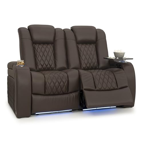 Image of Seatcraft Diamante Brown Italian Leather Home Theater Seating, Zero Gravity Power Recliner Gaming and Home Office Chair, Powered Headrest Lounge Sofa Furniture for Cinema Room, Row of 2 Loveseats