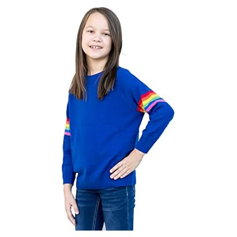 BEYOND FASHION Girls' 100% Cashmere Sweater Pullover Rainbow Stripe Long Sleeve Blue Size 8Y Cover
