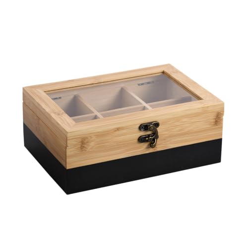 Foto von Kesper® | Tee-Box, Material: FSC®-zertifizierter-Bambus – 6 Fächer – mit Sichtfenster & Retro-Verschluss – Teebox zur Aufbewahrung, Maße: 21,5x15x8,5 cm – ohne Tee, Farbe: Schwarz-Natur | 58940