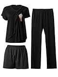 Rnxrbb V Neck Nursing Pajamas Set 3 Pack Postpartum Pjs Breastfeeding Sleepwear for Women Double Layer with Pockets,Black-M