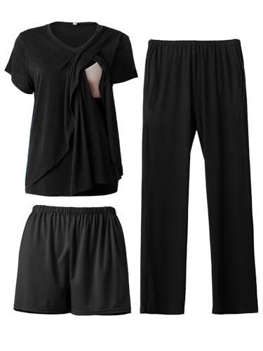 Image of Rnxrbb 3 PCS Nursing Pajamas Set Postpartum Pjs Breastfeeding Sleepwear for Women Double Layer with Pockets