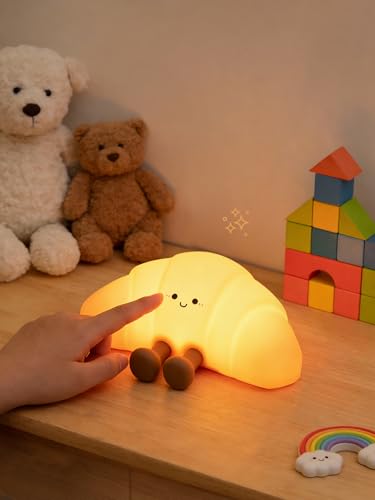 Image of QANYI Croissant Night Light with Color Changing & 3 Brightness, Rechargeable Silicone Night Lamp for Kids & Adults - Soft Glow, Squeezable & Flexible Mood Light for Bedroom, Nursery, Desk Decor