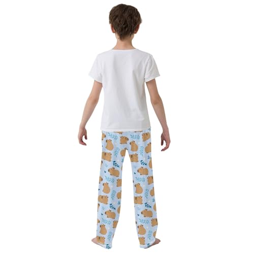 Cute Capybara Simple Flower Yellow Pattern Cute Pajama Pants, Soft Sleepwear Lounge Pants Pajama Pj Bottoms for 6-14 Years3