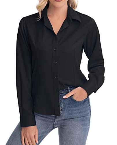 Siliteelon Womens Classic-Fit Dress Shirts Long Sleeve Button Down Wrinkle-Free Stretch Solid Casual Work Office Blouse Top Black Large #TOP2