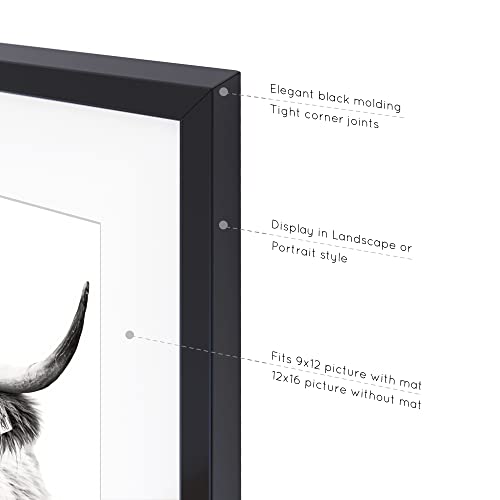 Homeforia - 12X16 Inch Metal Picture Frame - 12 X 16 Aluminum Photo Frames - 12X9 Mat - Tempered Glass - Wall Hook Included - Set Of 1 - Black #TOP5