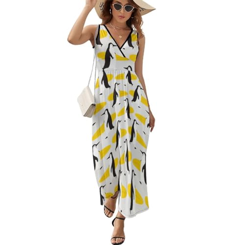 Robe d'été sans manches col V en tissu fluide imprimé cartoon pingouin