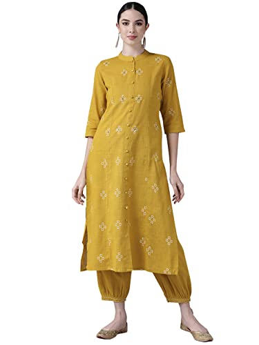 Image of ishin Women's Cotton Mustard Yellow Embroidered A-Line Kurta set With Salwar