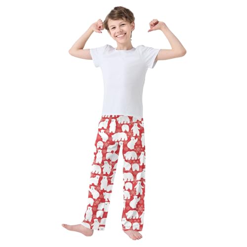 Winter Polar Bear Snowflake Boys Long Pants Soft Trousers Elastic Waist Kids Lounge Bottoms with Pockets S-XL2