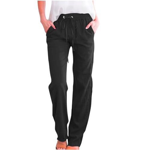 Linen Pants Women Straight Leg Drawstring Summer Pants Casual Lightweight Cotton Linen Blend Trousers Plus Size2