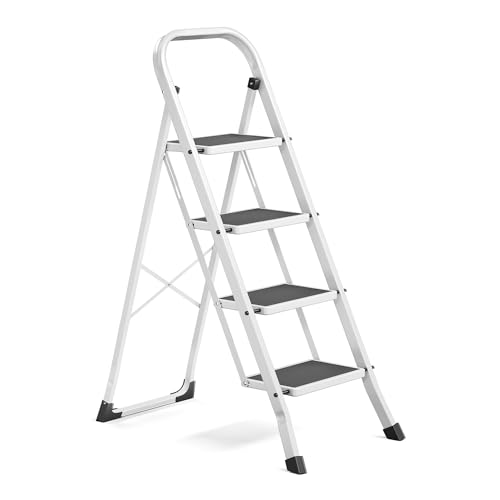 SONGMICS Marchepied 4 Marches Pliable, Escabeau, Verrou de Sécurité, Facile à Ranger, Charge 150 kg, Blanc GSL004WZ01