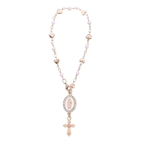 Steering Wheel Rosary Charm Steering Wheel Accessory with Virgin Mary Charm & Cross Pearl Heart Chain Catholic Car Interior Hanging Decor (Pink)