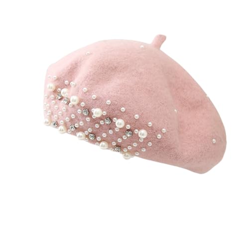 Punctualgood Womens Beret Hat Wool Winter Warm Beanie Hat Pearl Rhinestone French Artist Hats