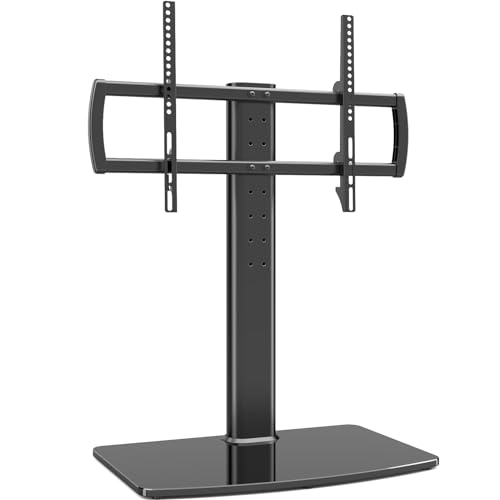 Hemudu Soporte Pie TV Universal, Peanas para Televisiones 40 a 86 Pulgadas, Soporte TV Mesa Altura Ajustable de 5 Niveles, Base de Cristal Templado de Alta Resistencia, MAX 60 Kg, Max Vesa 600x400 mm