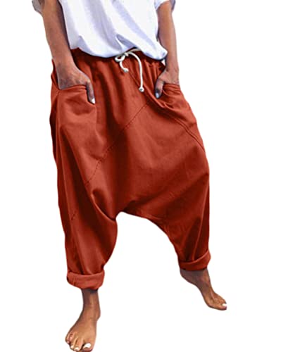 ORANDESIGNE Pantalon Harem Femme Coton Sarouel Grande Taille Couleur Unie Baggy Yoga Pants Taille Elastique Ample Chic Lâche Large Casual Jogging Vin Rouge L