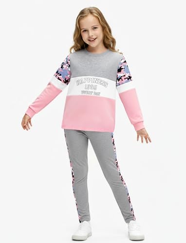 Image of PATPAT Girls 2 Piece Outfits Size 5-6 Years, Grey Camouflage Print Sweatshirts and Leggings Clothing Sets Sweatsuit Fall Outfits Joggers Lounge Set Tracksuit Kids Clothes Girls