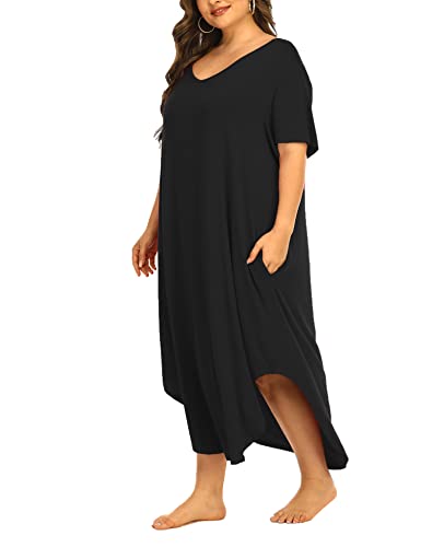 Womens Plus Size Nightgowns Sleepwear Short Sleeve Sleep Dress Maxi Night Gowns with Pockets3