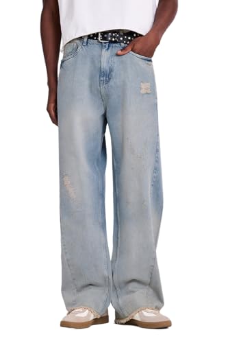 Image of SNITCH Men Streetwear Jeans | Baggy Fit Wide Leg Heavy Distressed Design & Raw Frayed Hem | 100% Breathable Cotton Denim Fabric for Casual Outings & Urban Lifestyle