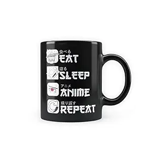 MCSID RAZZ - Anime - Eat Sleep Anime Repeat Black Coffee Mug 350ml - Best Gift for Anime Fans (Ceramic)