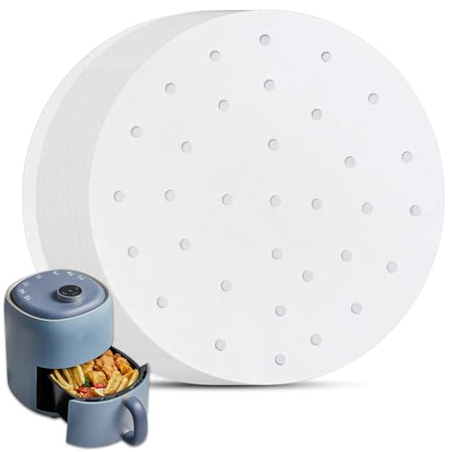 MIZOXY 8-Inch Air Fryer Liners - Set of 200, Perforated Parchment Paper for Air Fryer, Steaming Basket, and More - Non-Stick Bamboo Steamer Liners for Air Frying, Baking, and Cooking