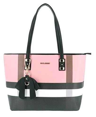 Gallantry - Grand Sac à Main Femme Elégant - Sac Cours Lycée Format A4 Taille XL - Cabas Shopping Rayures Multicolore - Sac Ville Porté Epaule - Fourre-Tout Poches Multiple - Mode Chic (Rose Noir)