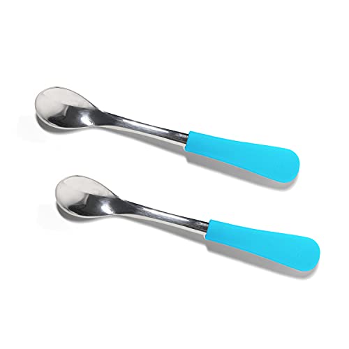 Avanchy Infant Baby Spoons Stainless Steel and Silicone Set, Self Feeding Food Utensils, 4 Months Baby Led Weaning, 2 Pack, Blue