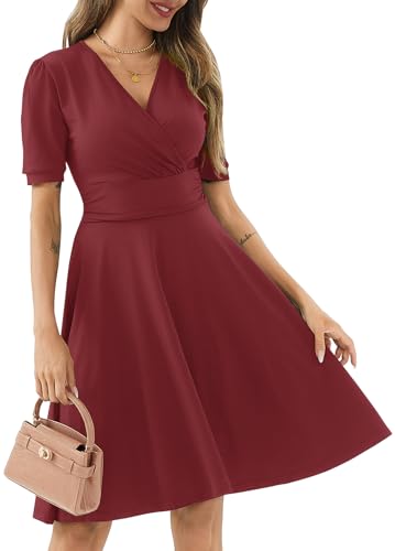 Image of Women's Summer Casual Dress Short Sleeve Wrap V-Neck A-Line Dress Sundress Wedding Guest Cocktail Midi Dresses