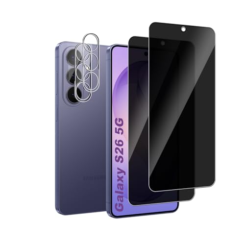 Afikyutu Verre Trempé Anti-Espion pour Samsung Galaxy S26 5G, 2 Pièces Film Protection écran et 2 Pièces Caméra Arrière Protecteur, 9H Dureté, HD, Anti-Rayures,...