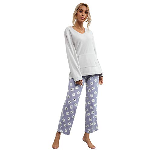 U2SKIIN Womens Pajama Sets, Plaid Pajamas for Women Long Sleeve Sleepwear Soft Pj Lounge Sets with Pockets Fleece Nightwear(Light Grey/Cat, L)