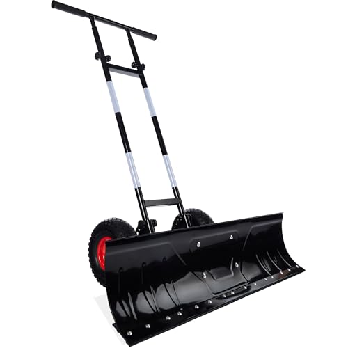 Best Choice Products 36in Galvanized Blade Heavy-Duty 2-Wheel Snow Pusher Hand Plow for Snow Removal w/Wheels, Adjustable Handle, Blade Angle - Black
