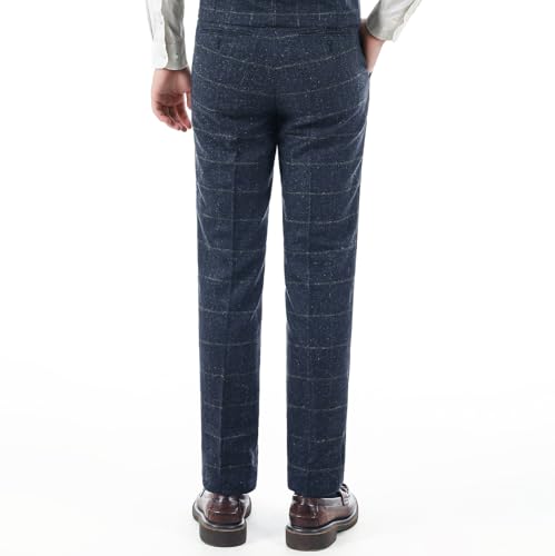 Mens Plaid Tweed Herringbone Suit Pants Casual Slim Fit Wool Vintage Dress Trousers2